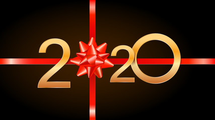 Wall Mural - 2020 happy new year background with golden numbers, red ribbon and gift bow. holiday banner, poster,