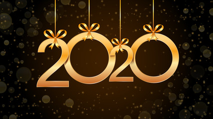 Wall Mural - 2020 happy new year abstract background with hanging golden numbers, glitter and bokeh effect. templ