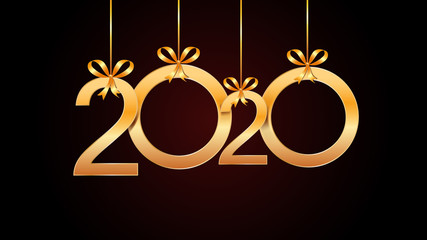 Wall Mural - 2020 happy new year vintage card design with hanging golden numbers and ribbon bows isolated on blac