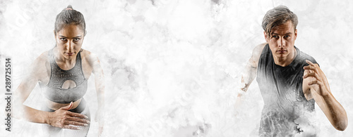 Fotografía Woman and man running on white smoke background
