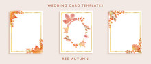 Elegant Wedding Card Templates Design. Concept For Watercolor Wild Leaves In Red Color Theme Autumn Season. Aim Used For Wedding Card, Invitation Card, Postcard, And More. 