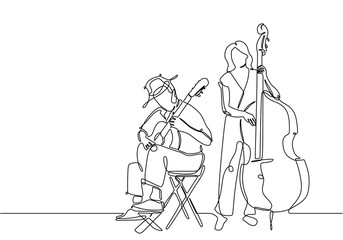 One line drawing of people playing classical music instrument. Man with acoustic guitar and girl with double bass isolated on white background. Continuous lineart sketch drawing vector illustration.