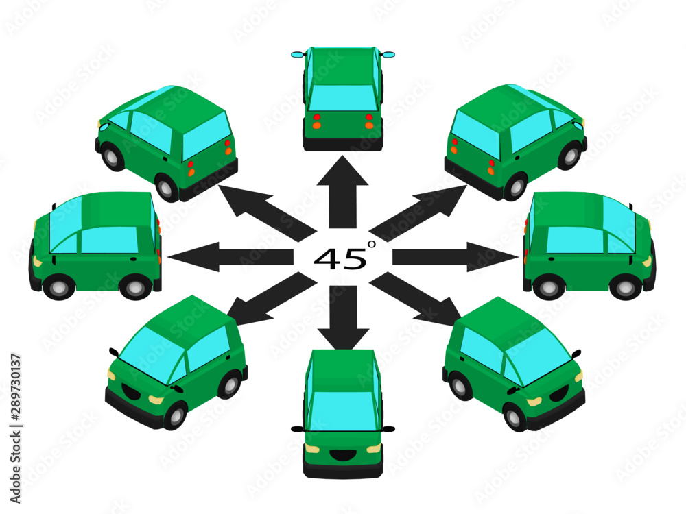 Rotation of the coupe car by 45 degrees. Compact car in different angles in isometric.