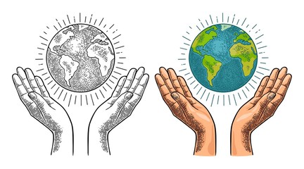 earth planet in open female human palms. vector black vintage engrav