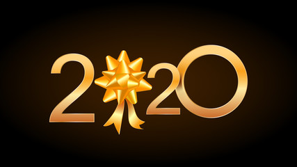 Wall Mural - 2020 happy new year greeting card with shiny golden numbers and ribbon gift bow isolated on black ba