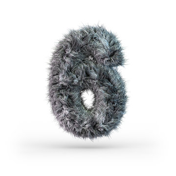 Uppercase fluffy and furry gray font. Digit six. 3D