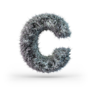 Uppercase fluffy and furry gray font. Letter C. 3D