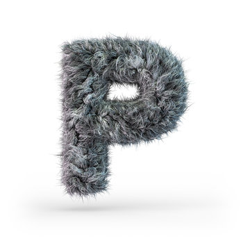 Uppercase fluffy and furry gray font. Letter P. 3D