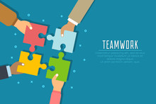 Teamwork Concept. Businessmen Hold In Hands And Connect The Pieces Of Jigsaw Puzzle. Team Work Business Metaphor. Vector Illustration In Flat Style.