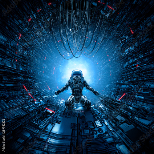 Fotografie, Obraz Last man standing / 3D illustration of lone astronaut left behind in dark space