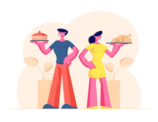 Wall Mural - Happy Couple of Male and Female Characters Holding Trays with Home Food Bakery Cake and Fried Chicken. Husband and Wife Inviting Guests for Party or Family Event. Cartoon Flat Vector Illustration