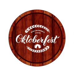 Wall Mural - Oktoberfest calligraphy hand lettering on wooden barrel. Traditional Bavarian beer festival. Easy to edit vector template for your logo design, poster, banner, flyer, t-shirt, invitation, etc.