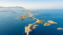 Atlantic Ocean Road Or The Atlantic Road (Atlanterhavsveien) Been Awarded The Title As "Norwegian Construction Of The Century". The Road Classified As A National Tourist Route. Aerial Photography