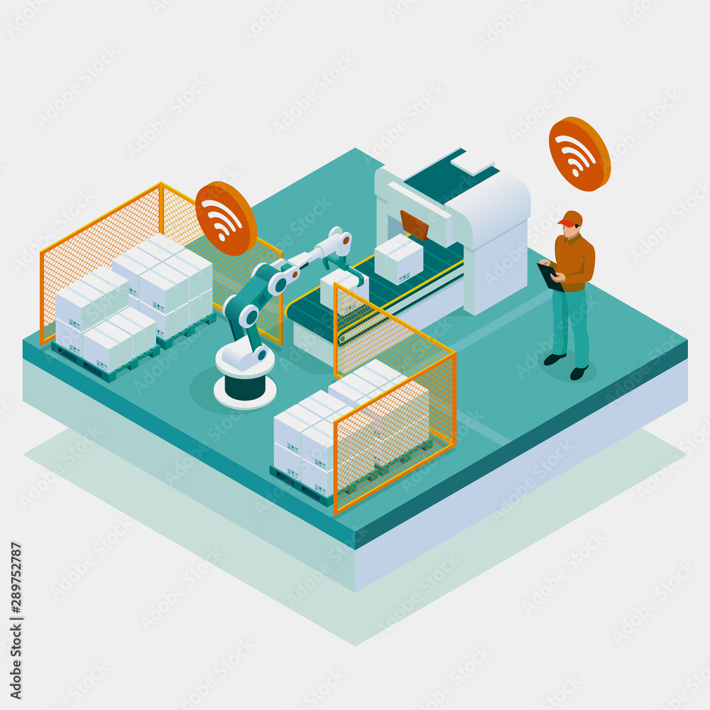 Isometric iot smart industry 4.0 with development production packaging ...