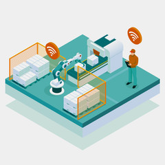 Isometric iot smart industry 4.0 with development production packaging and delivery steps. Automation robotic arm working in operation machine zone in factory.