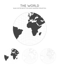  Map of The World. Gnomonic projection. Globe with latitude and longitude lines. World map on meridians and parallels background. Vector illustration.