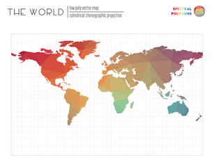  Polygonal world map. Cylindrical stereographic projection of the world. Spectral colored polygons. Neat vector illustration.