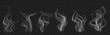 Set of realistic transparent smoke or steam in white and gray colors, for use on dark background. Transparency only in vector format