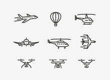 Set Of Airplane Icon. Transport Symbol In Linear Style. Vector Illustration