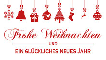 Cb48 ChristmasBanner - German Text: Frohe Weihnachten Und Ein Glückliches Neues Jahr. Hängende Rote Weihnachtsdekoration - English - Red Christmas Decoration - Banner 16zu9 - Xxl G8531
