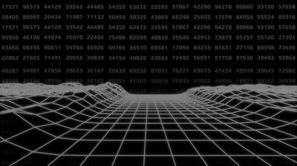 Poster - 4K Animation Abstract Wireframe Landscape Fly Through The Moutain With Digital Binary Number Motion. Glow Futuristic Geometric Structure Pattern 3D Rendering Seamless Loop Footage.