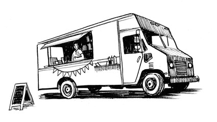 Vintage retro American truck. Ink black and white sketch