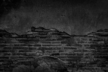 Black Brick Wall And Concrete Texture For Background.