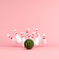 Wall Mural - Watermelon strike with bowling on pink background. Fruit Minimal ideas concept. 3D Render.