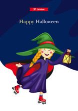 Roller Skate. A Little Girl In A Witch Costume Skating. A Big Hat On Her Head And A Lantern In Her Hand. Can Be Used As A Postcard