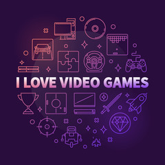 Poster - i love video games vector round colorful outline illustration on dark background