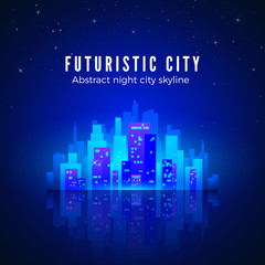 Wall Mural - Neon city landscape with glow and bright colors. Silhouette of futuristic town. Sci-fi background. Retro style 80s. Vector illustration