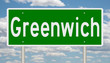 Rendering of a green road sign for Greenwich