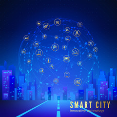 Poster - silhouette of futuristic city on background of large cloud with smart city icons. internet of things