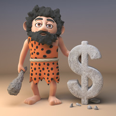 Wall Mural - 3d cartoon prehistoric caveman character carves a US Dollar currency symbol in rock, 3d illustration