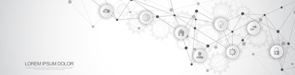 Website header or banner design with abstract technical background and connecting dots and lines. Digital technology and communication concept with flat icons.