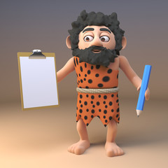 Wall Mural - Funny 3d cartoon prehistoric caveman character from the stone age holding a clipboard and pencil, 3d illustration