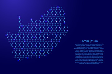 Wall Mural - South Africa map from futuristic hexagonal shapes, lines, points  blue and glowing stars in nodes, form of honeycomb or molecular structure for banner, poster, greeting card. Vector illustration.