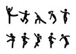 Dancing people in different poses, a set of stick figure people silhouettes, stickman icon, human pictograms fun.