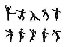 Dancing People In Different Poses, A Set Of Stick Figure People Silhouettes, Stickman Icon, Human Pictograms Fun.