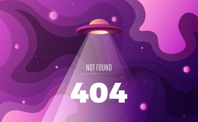 Space exploration modern background design with an alien ship in cosmos and Error 404, page not found text. Cute gradient template with Spaceship, Moon and Stars for poster, banner or website page