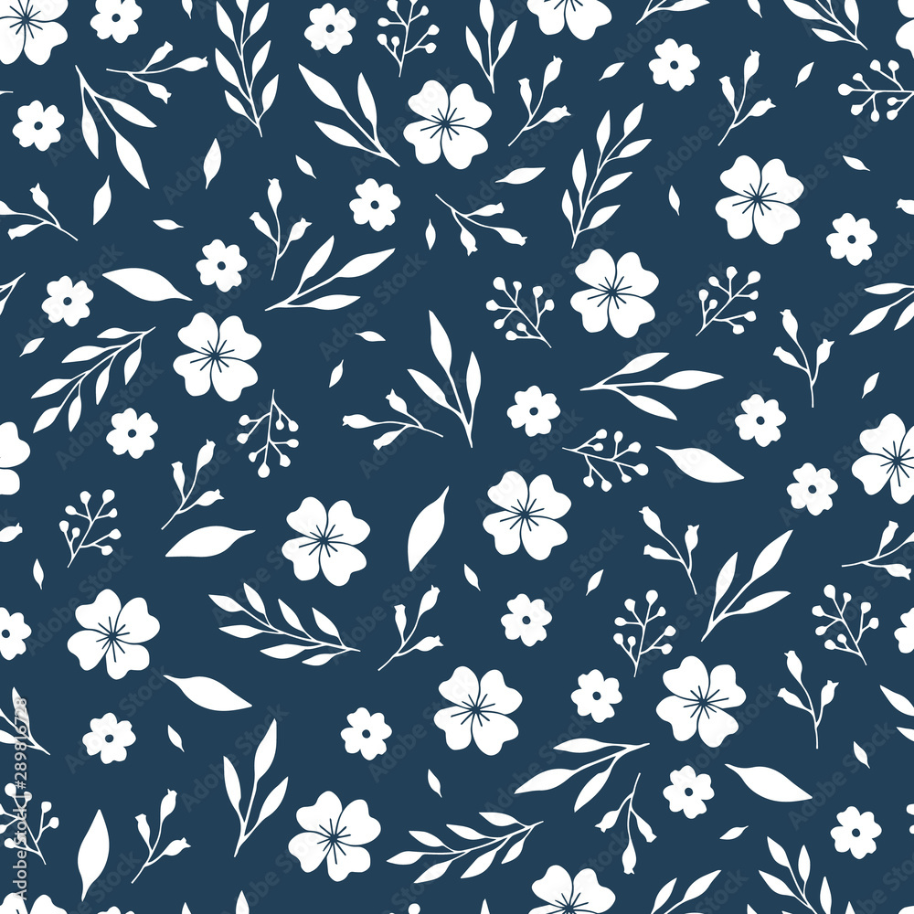 Seamless floral pattern with simple flowers and leaves. Blue and white ...