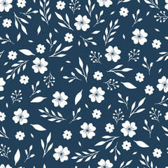 Seamless floral pattern with simple flowers and leaves. Blue and white vector illustration. Nature wallpaper design.
