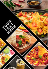 Mexican Food Collage design template. Many dishes of the cuisine of Mexico, a layout for a restaurant menu cover, a banner, poster, flier, etc