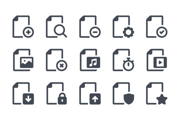 Poster - File format glyph icon set. Doc options filled icons. Document settings solid vector sign collection.