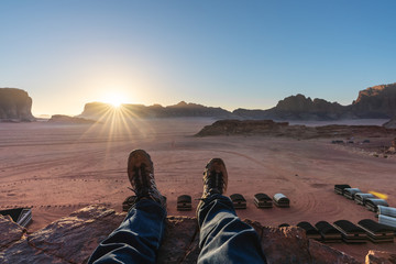 Wall Mural - travelling at wadi rum desert in jordan with sunset landscaped