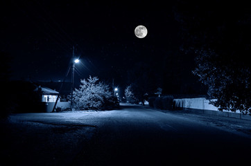 Wall Mural - full moon over quite village at night. beautiful night landscape of old town street with lights. rus