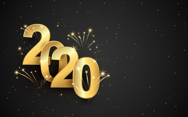 Poster - Happy new year 2020 banner. Golden sparkling luxury text 2020 with firework on black background