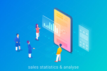 Poster - statistics report and analyse of sales online. people working in mobile phone smartphone isometric f