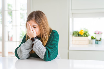 Poster - Young beautiful plus size woman wearing casual striped sweater with sad expression covering face with hands while crying. Depression concept.