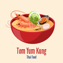 Tom Yum Kung - Red Bowl With Tasty Seafood Soup With Shrimps Lime And Oysters, Thai Cuisine